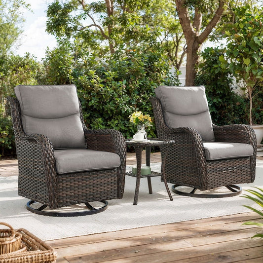 PARKWELL 3-Piece Patio Wicker Chairs Swivel Rocker Set,Outdoor High Back Swivel Glider Rocking Lounge Chairs with Side Table for Patio Deck Garden,Brown/Gray