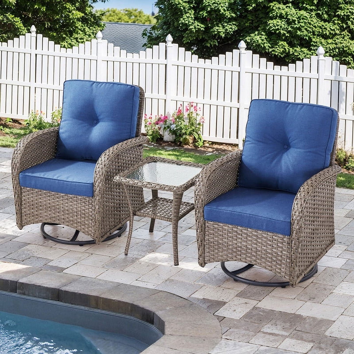 PARKWELL 3 Pieces Wicker Patio Set Outdoor Swivel Glider Chair with Table,All-Weather Rattan Swivel Rocking Lounge Chair with Thick Navy Cushions for Porch Balcony Backyard,Gray Wicker