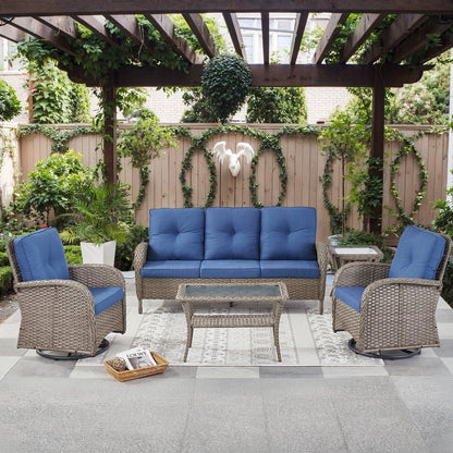 PARKWELL 5-Piece Outdoor Patio Conversation Set,Wicker 5-Seat High Back Furniture with Sofa, Swivel Gliders and Coffee Table,Gray Wicker Navy Cushions