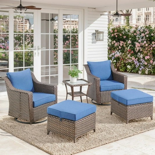 PARKWELL 5-Piece Outdoor Swivel Glider Chairs with Ottomans and Side Table, Patio High Back Conversation Sets for Balcony Yard,Brown Wicker Deep Seat Furniture with Navy Cushion