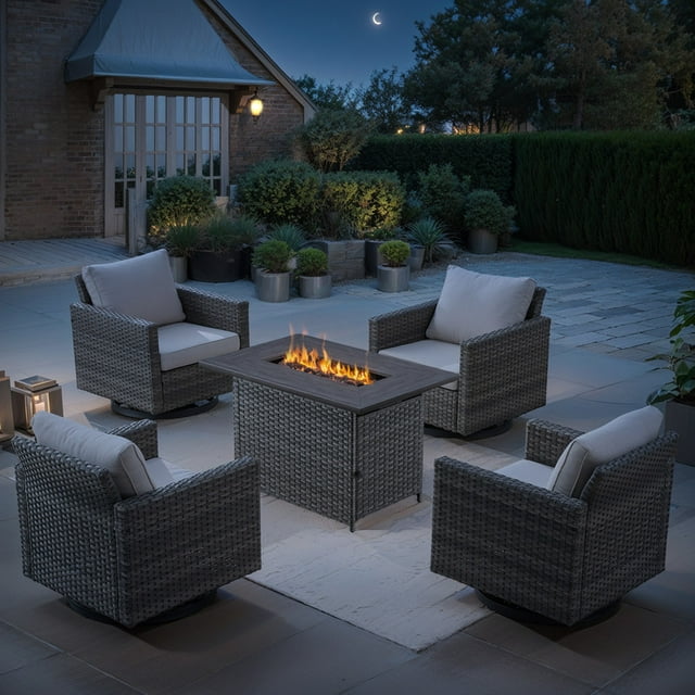 PARKWELL 5 Pieces Patio Rattan Furniture with 41" Fire Pit Table and Deep Seat Swivel Gliders,Gray Wicker and Beige Cushions