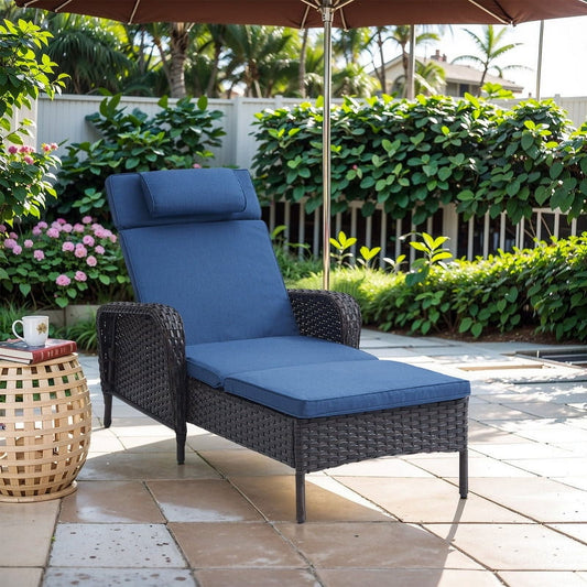 PARKWELL Outdoor Folding Chaise Lounge Chairs - Wicker Rattan Adjustable Recliners for Patio, Pool w/ Wide Arm and Cushions - Blue