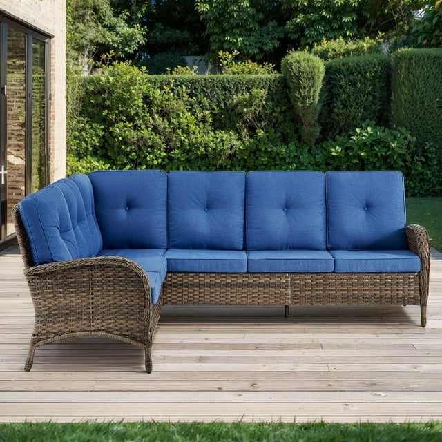 PARKWELL Outdoor Furniture Sectional Sofa L Shaped Couch,Patio Wicker 5-Seat High Back Conversation Set for Balcony Yard,Brown Wicker Navy Cushion