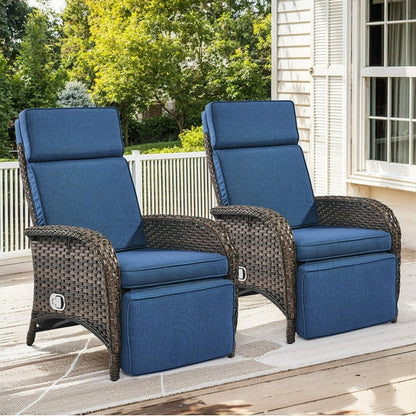 PARKWELL Outdoor Patio Recliner Chair Set of 2,Adjustable Rattan Reclining Lounge Chair with Cushion, Navy