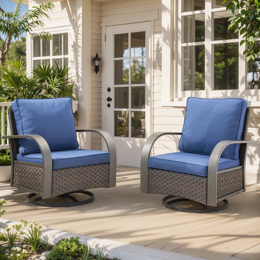 PARKWELL Outdoor Swivel Glider Chair Set of 2,Patio Rattan Swivel Rocking Lounge Chair with Navy Cushions for Porch Balcony Backyard,Brown Wicker