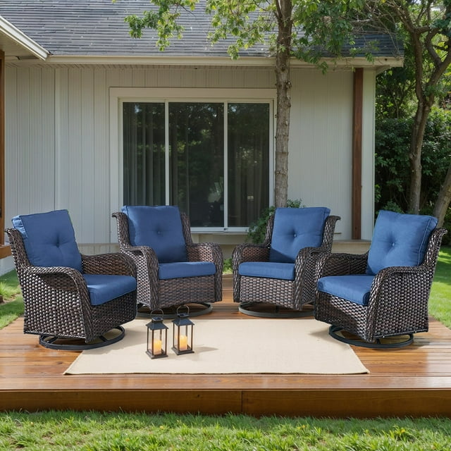 PARKWELL Outdoor Swivel Gliders Chair Set of 4,Patio Wicker High Back Swivel Rocker Deep Seat Lounge Chair with Navy Cushions for Balcony Deck, Brown Wicker