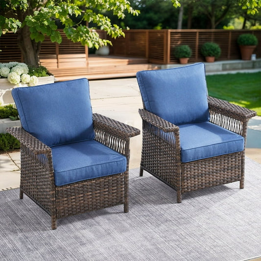 PARKWELL Outdoor Wicker Cushioned Lounge Chair Set of 2, Outdoor Seating Set for Backyard, Poolside, Balcony, Indoor Use w/Seagull-Shaped Armrests,Navy