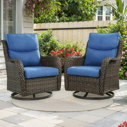 PARKWELL Patio Wicker Chairs Swivel Rocker Set of 2,Outdoor Rattan Swivel Glider Rocking Lounge Chairs for Patio Porch Pool,Brown/Navy