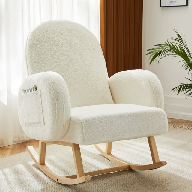 Nifamembo Teddy Nursery Rocking Chair with Solid Wood Legs, Side Pockets for Living Room