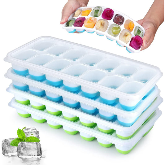 Rongsi Silicone Ice Cube Tray, 4 Pack Easy-Release & Flexible 14-Ice Cube Trays with Spill-Resistant Removable Lid, Stackable Ice Trays with Covers for Freezer, Cocktail