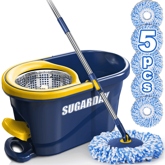 SUGARDAY Spin Mop and Bucket System with Wringer Set for Floors Cleaning,Yellow