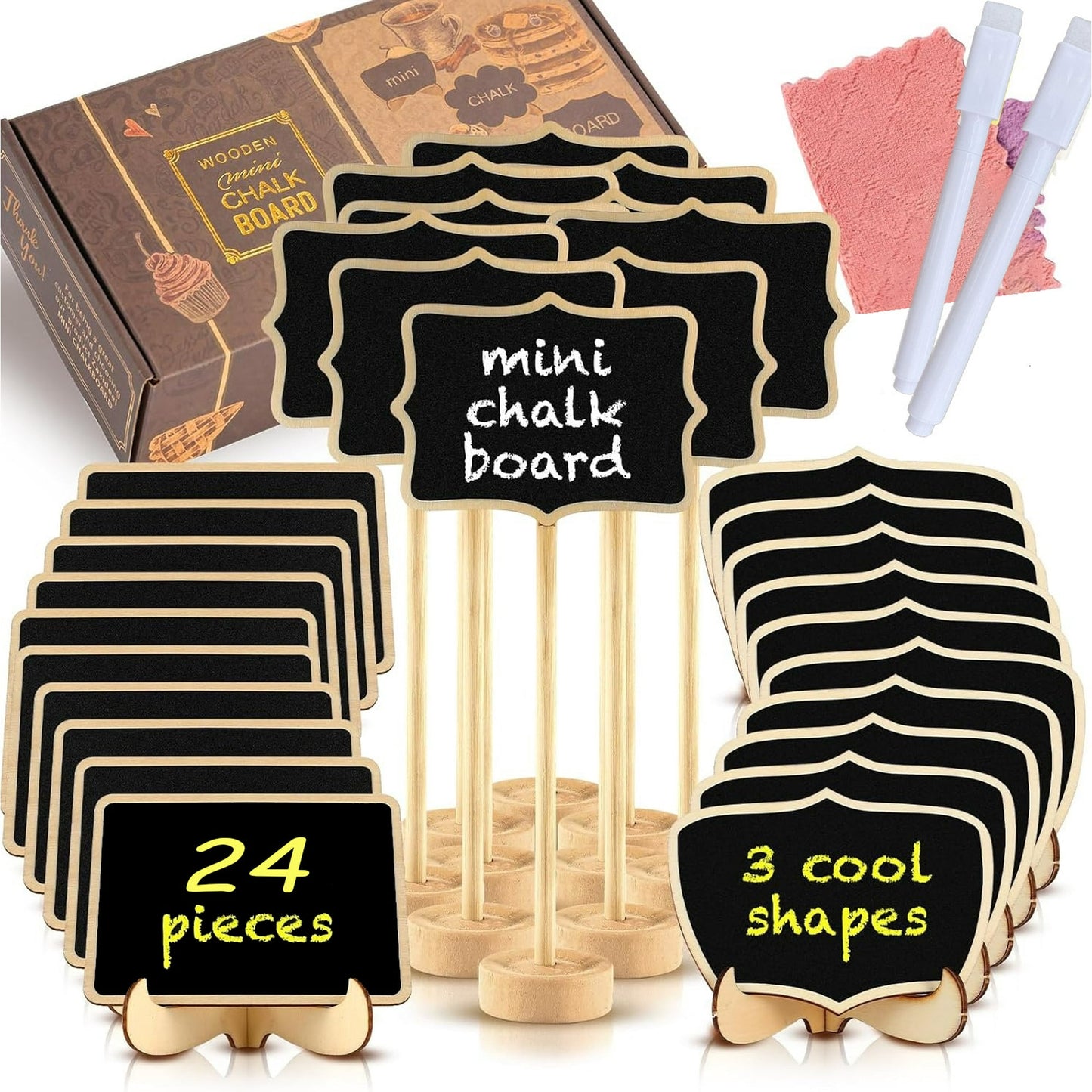 Sherry 24-Pack Mini Chalkboard Food Signs with Wooden Stands, Small Name Cards for Buffets, Brunch Decor, Mimosa Bar, Appetizer Labels, Includes Chalkboard Labels & 2 Pens for Parties and Events