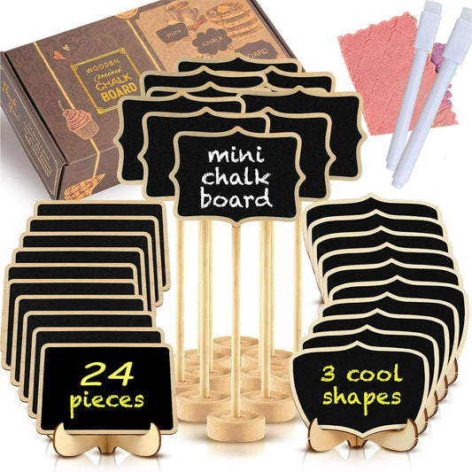 Sherry 24-Pack Mini Chalkboard Food Signs with Wooden Stands, Small Name Cards for Buffets, Brunch Decor, Mimosa Bar, Appetizer Labels, Includes Chalkboard Labels & 2 Pens for Parties and Events