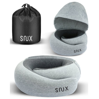 Snux Travel Neck Pillow with Hood - 360 Neck Support - Memory Foam - Hooded Travel Pillow (Gray)