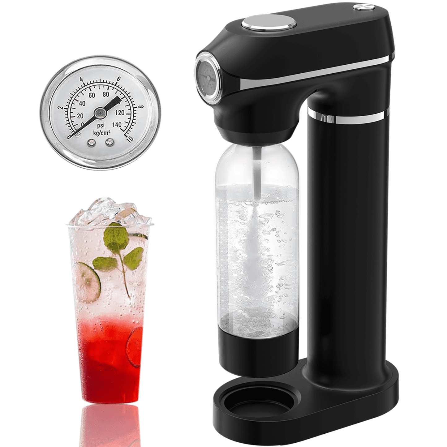 Black Matte Soda Maker for Home,Sparkling Water Maker,Sparkling Water Machine with 1L Soda Stream Bottle and Pressure Gauge,Compatible with Any Screw-in 60L CO2 Carbonator(Not Included)