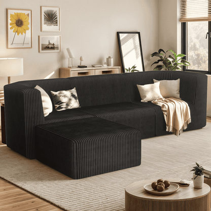 Gaildon Corduroy Sponge Sofa Lounge Chair Fluffy Modern Sleeper Chair With Removable Footrest for Indoor Living Room and Bedroom No Assembly Needed, Black