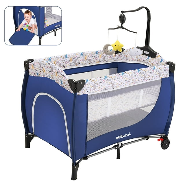 Vipuse Baby Playard with Bassinet,Unisex Playpen Include Music Box and Hanging Toys,Portable Crib for Newborn to Toddlers,Blue