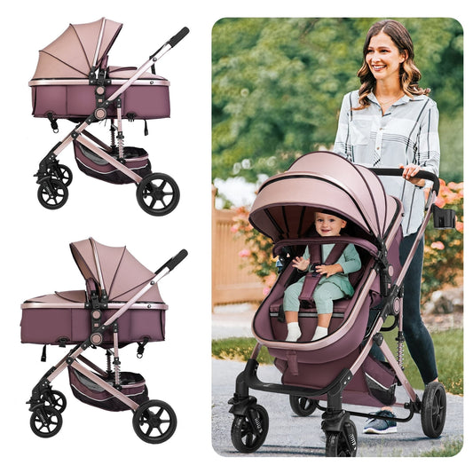 Vipuse Baby Stroller,3 in 1 Convertible Newborn Bassinet Stroller with Adjustable Backrest & Awning,Travel Stroller for Baby 0-3 Years Old,Brown