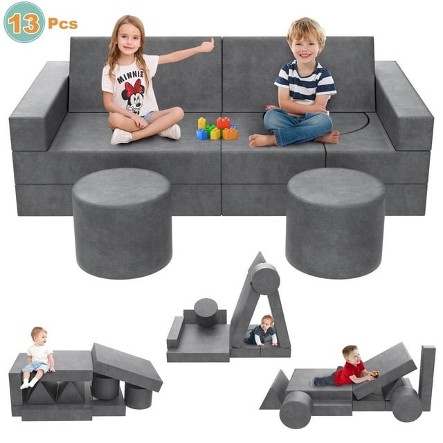 Vipuse 13 Pcs Kids Sofa Couch,Modular Toddler Couch for Playroom,Multifunctional Play Couch for Toddlers Boys and Girls,Gray