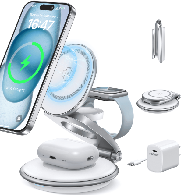 Wireless Charge: 3 in 1 Foldable Charger Station Fast Charging for iWatch Ultra/ AirPods