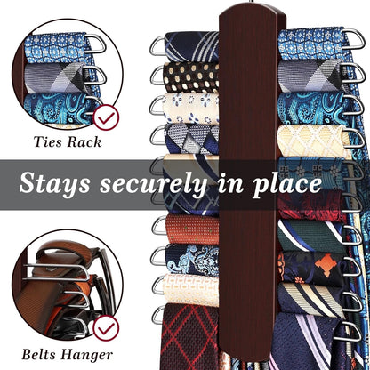 2 Pack Tie Rack for Closet, Premium Wooden Necktie Organizer Storage Tie/Belt Hanger, 360 Degree Swivel Space Saving Ties Holder for Men Hanging 40 Ties, Scarves Red