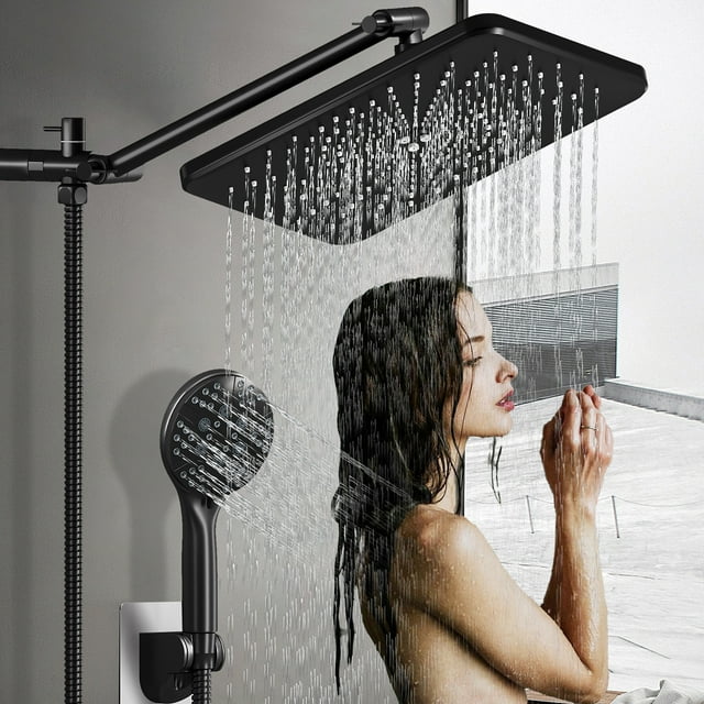 Amobro 12" Shower Head High Pressure Rainfall Handheld Shower Combo Anti-leak Shower Head with Holder, Height/Angle Adjustable, Chrome, Matte Black