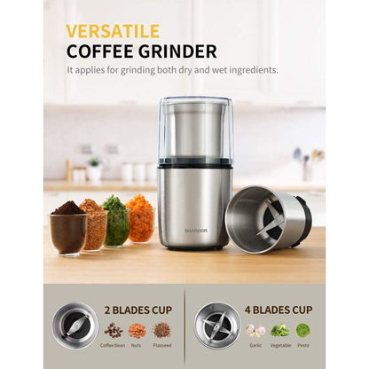 SHARDOR Coffee Grinder Electric Herb/Wet Grinder for Spices and Seeds with 2 Removable Stainless Steel Bowls, Silver