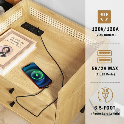 Nifamembo Nightstand with Charging Station & Rattan Edge for Bedroom, Living Room - Natural