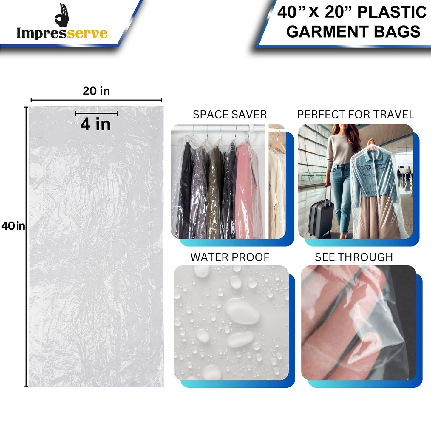 Impresserve 40 x 20 Inch Plastic Garment Bags, 50 Count, Clear Plastic Protector Bags