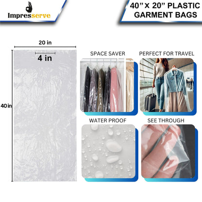 Impresserve 40 x 20 Inch Plastic Garment Bags, 50 Count, Clear Plastic Protector Bags