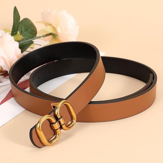 Genreen Reversible Leather Belt for Women with Gold Buckle Ladies Leather Belt for Jeans Pants