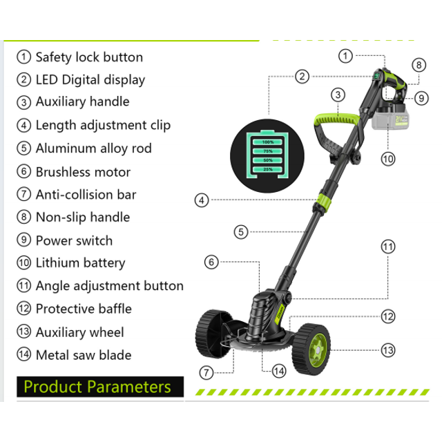 Gisam Cordless Grass Trimmer, Battery Operated Weed Wacker with Wheels , Brushless Motor ,2 *2.0Ah Battery & 8 Cutting Blade