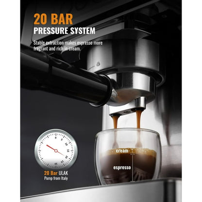 SHARDOR Espresso Machine 20 Bar with Milk Frother Steam Wand, Professional 1350W Manual Latte & Cappuccino Maker for Home, 60 Oz Water Tank, Temperature Display, Stainless Steel