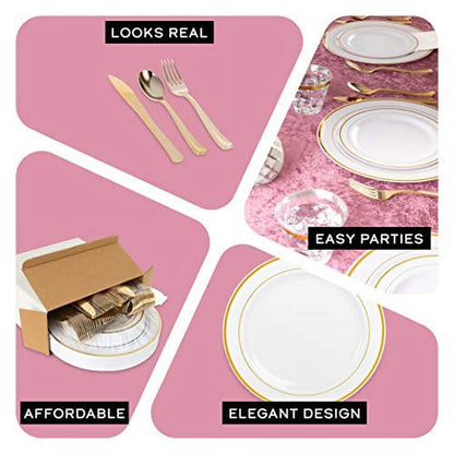 Impresserve Elegant Gold Disposable Plastic Dinnerware Set - 125 Pieces with Plates, Utensils, and Napkins for 25 Guests