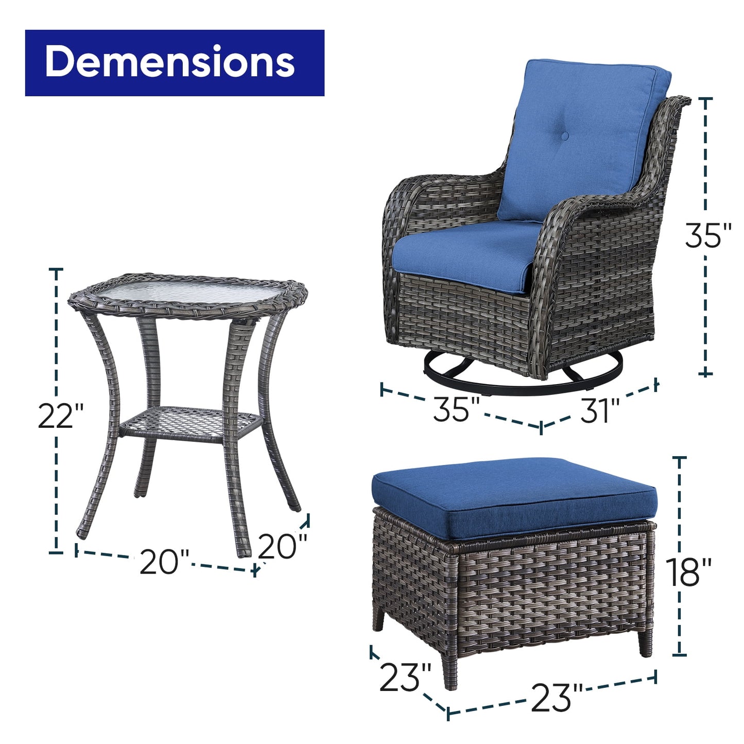 Gymojoy 5Pcs Outdoor Swivel Glider Wicker Patio Lounge Chair Conversation Set Patio Chairs Chat Set with Ottomans,Gray/Navy