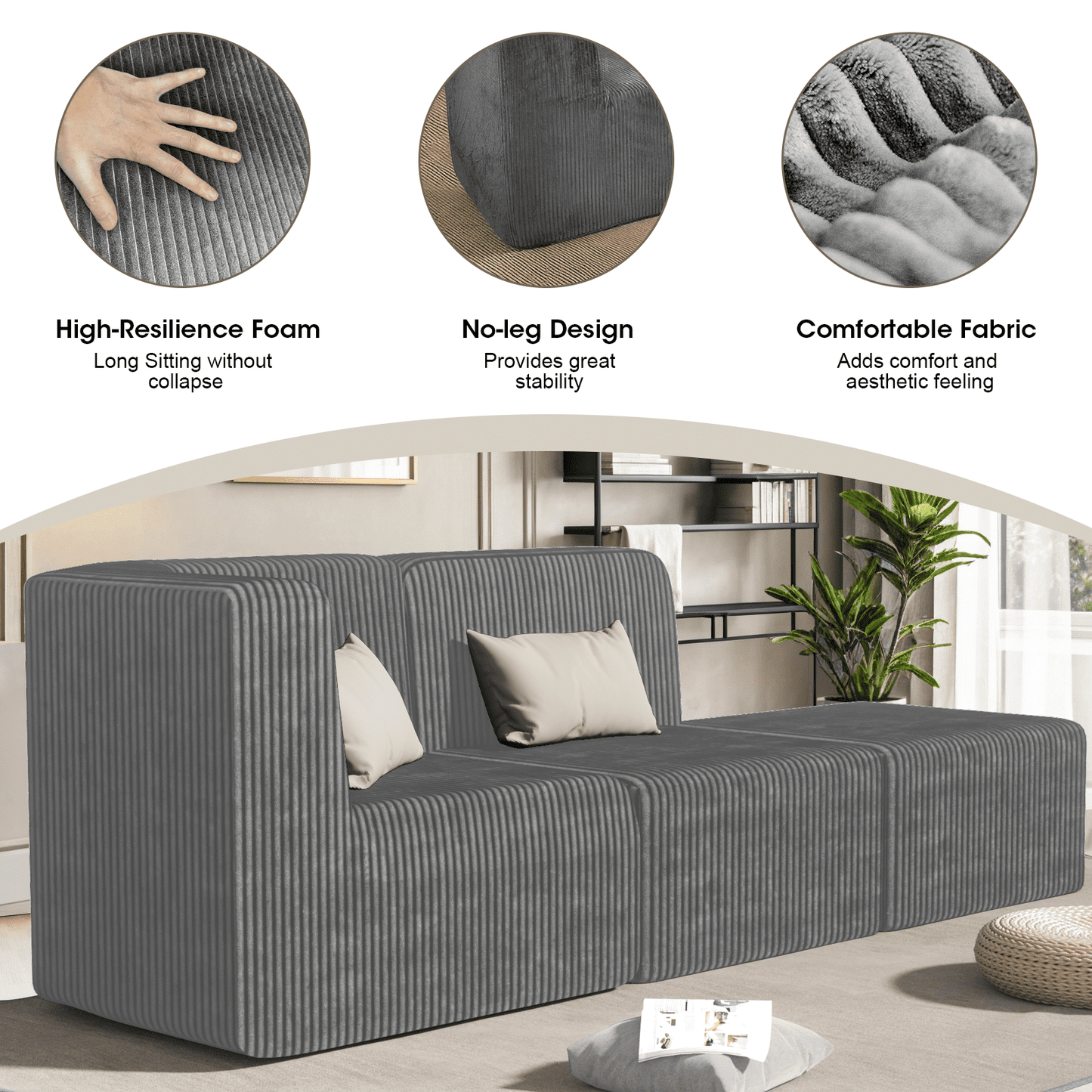 Gaildon Corduroy Sponge Sofa Lounge Chair Fluffy Modern Sleeper Chair With Removable Footrest for Indoor Living Room and Bedroom No Assembly Needed, Grey