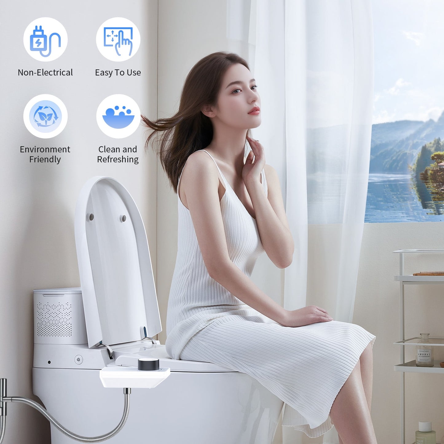 FETERVIC Bidet Attachment, Non-Electric Cold Water Bidet Toilet Seat Attachment with Pressure Controls, Retractable Self-Cleaning Dual Nozzles for Frontal & Rear Wash, White