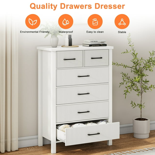 Nifamembo Modern Fluted 6 Drawer Dresser with Solid Wood Legs for Bedroom, Entryway