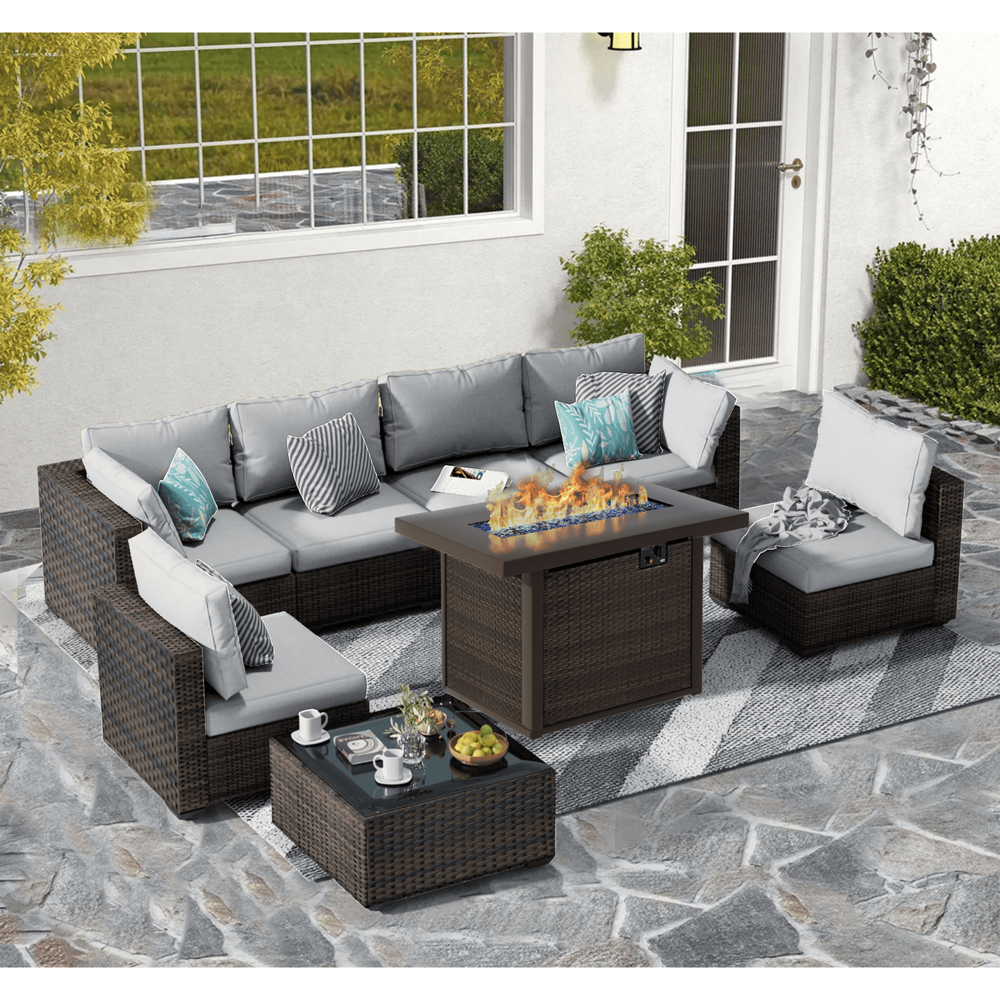 Gaildon 8 Piece Patio Furniture Set with Fire Pit Table, All Weather Outdoor Sectional PE Rattan, Patio Conversation Sets with Cushions and Glass Coffee Table for Garden Lawn Balcony Porch Deck