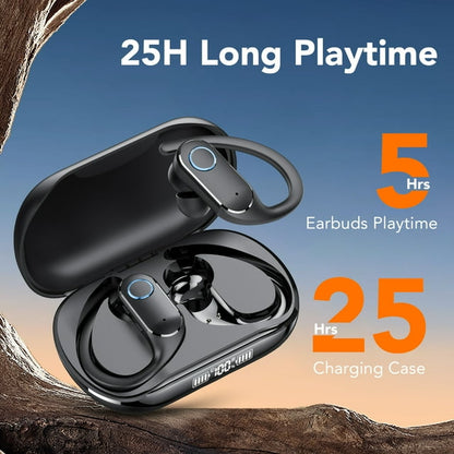 Bluetooth Headphones 5.4, Over-Ear Headphones Built-in 4 ENC Mics, 25Hrs Playtime Wireless Earbuds, Bass Boost 85%, IPX7 Waterproof Ear Buds with Earhook for Exercise Running Sports Black