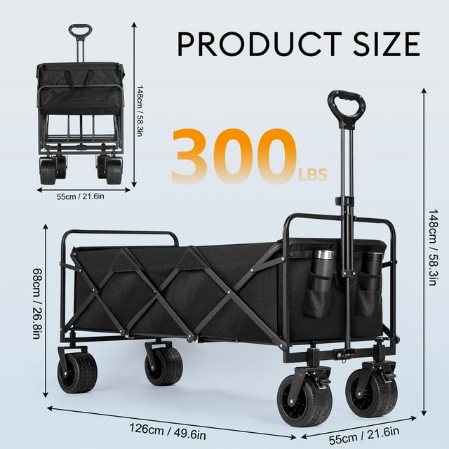 HIJOB Foldable Wagon Cart with Wheels, Portable Heavy Duty Collapsible Wagon, Lightweight Outdoor Utility Carts for Grocery, Shopping, Camping, Sports, Garden with Large Capacity