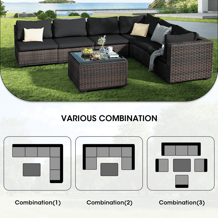 Grezone 7 Patio Outdoor Furniture Wicker Sectional Sofa Couch Lawn Sectional, Black