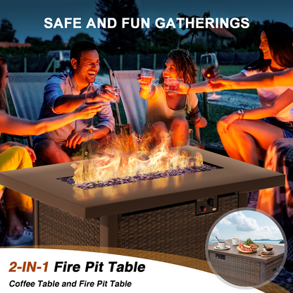 Grezone Outdoor Garden 13 Piece Patio Furniture with 43" 55000BTU Gas Propane Fire Pit Table Rattan Wicker Sectional Set, White