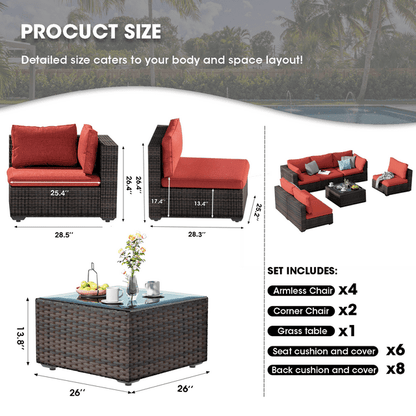 Gaildon 7 Patio Outdoor Furniture Wicker Sectional Sofa Couch Lawn Sectional Black Glass Table, Red