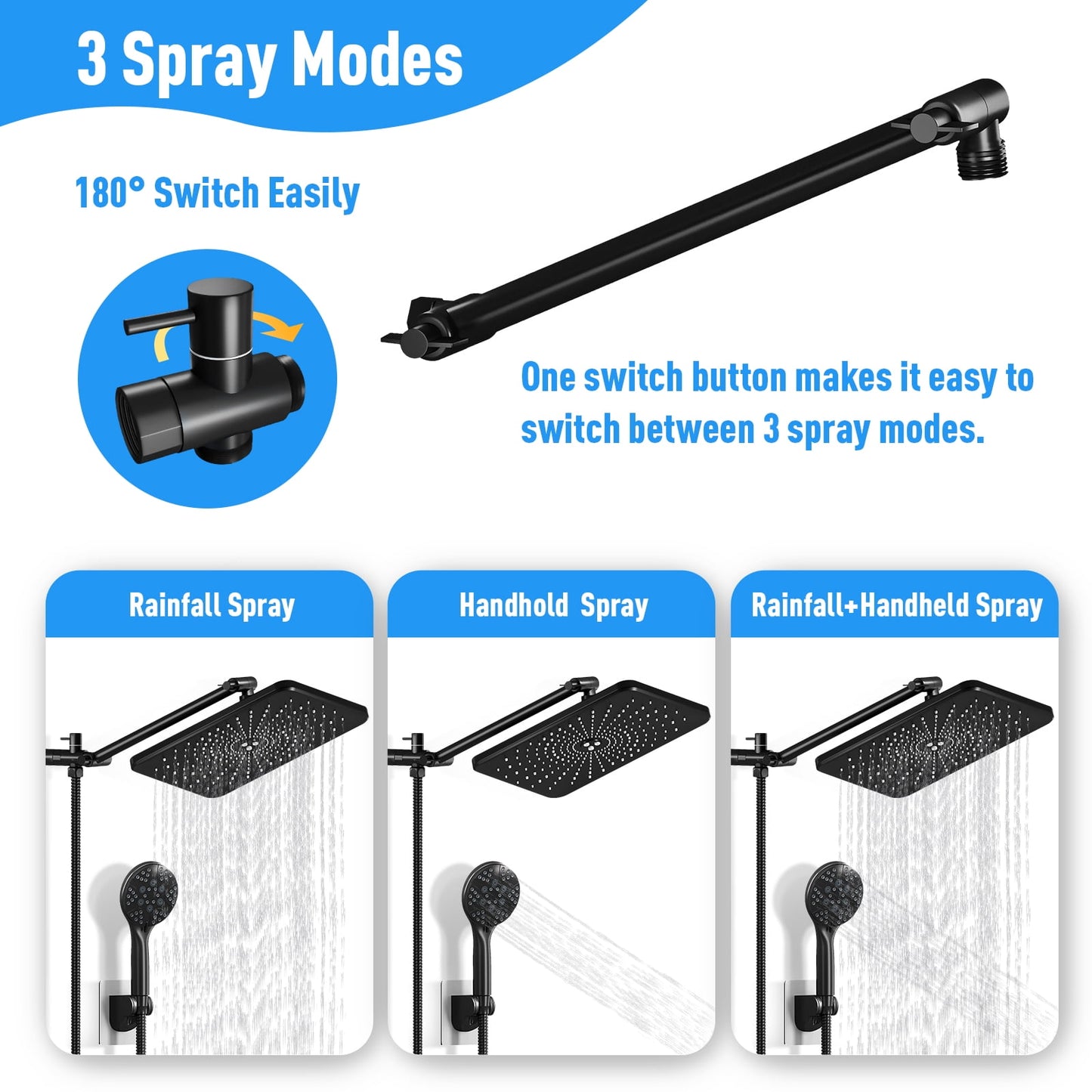 Amobro 12" Shower Head High Pressure Rainfall Handheld Shower Combo Anti-leak Shower Head with Holder, Height/Angle Adjustable, Chrome, Matte Black