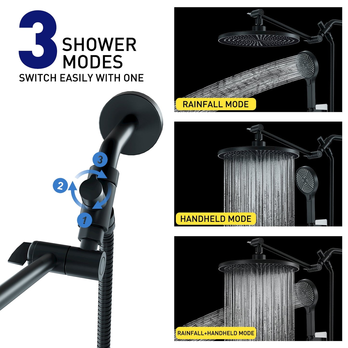 DTIG 3-Setting High Pressure Shower Head 10 inch Rain Shower Head with Handheld and Hose Black