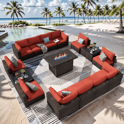 Grezone 15 Pieces Patio Furniture Set with Fire Pit Table, All Weather Outdoor Sectional PE Rattan, Patio Conversation Sets Cushions & Black-glass Coffee Table for Garden Lawn Balcony Porch Deck, Red