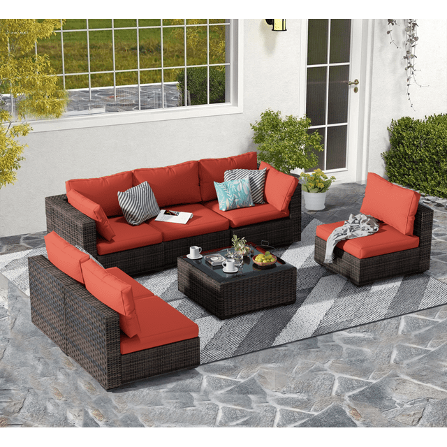 Gaildon 7 Patio Outdoor Furniture Wicker Sectional Sofa Couch Lawn Sectional Black Glass Table, Red