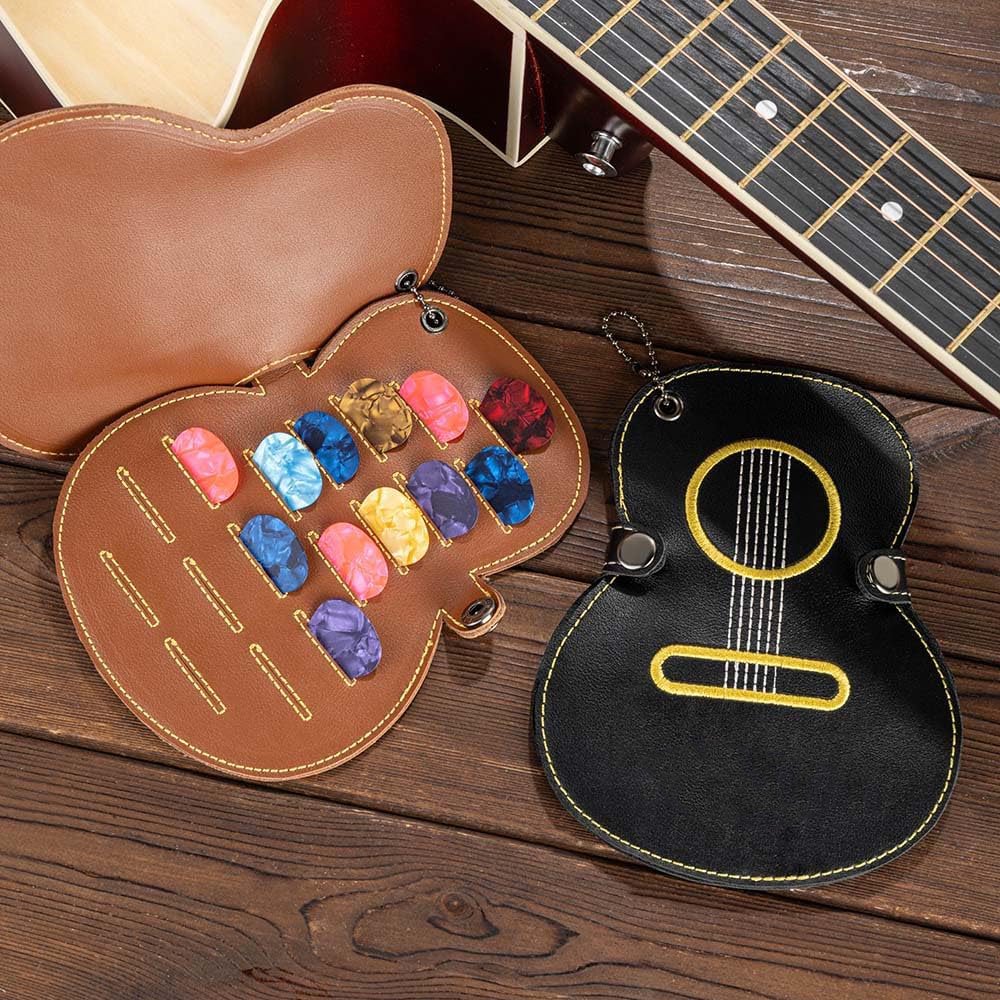 Genreen Guitar Pick Case Personalized with 17 Slots, Custom Name on the Guitar-Shaped Guitar Pick Holder Picks Storage Bag for Guitar Lovers,1Pac,brown