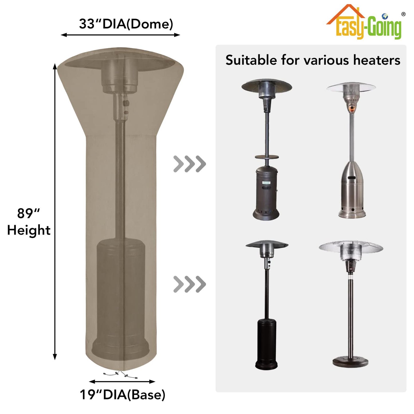 Sherry Patio Heater Cover with Zipper and Storage Bag, Waterproof Outdoor Heater Cover Dustproof, UV-Resisant, Wind-Resistant (89"H x 33"D x 19"B, Camel)